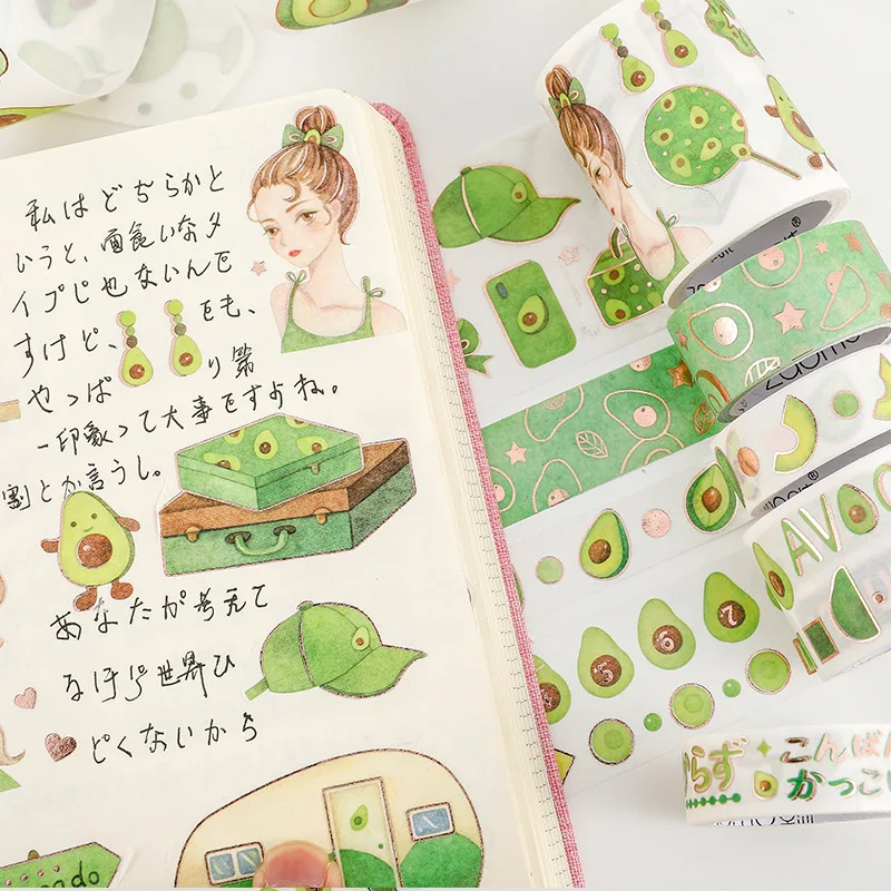 Cinta adhesiva decorativa de aguacate para diario Washi, pegatina para álbum de recortes, artículos de papelería con etiquetas