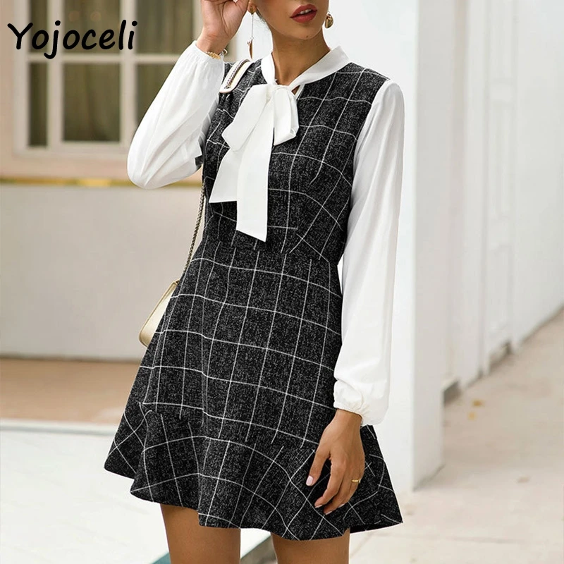 Yojoceli, осенне-зимнее клетчатое платье для женщин, офисное, Дамское, с бантом, пэтчворк, мини-платье, приталенное, Повседневное платье