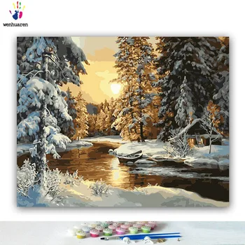 

DIY Coloring paint by numbers Sunset woods snow scene Abstract figure paintings by numbers with kits 40x50 framed