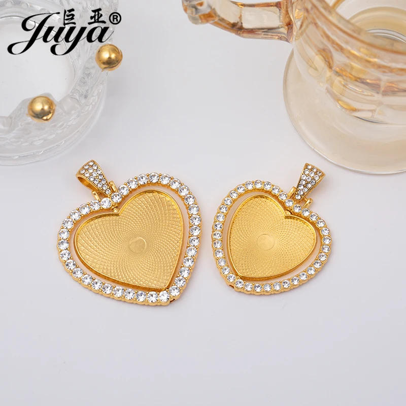 30PCS Clear Rhinestone Bezel Double Sided Rotatable Heart Pendant Base Charms 25/30mm Blank Tray For DIY Jewelry Accessories