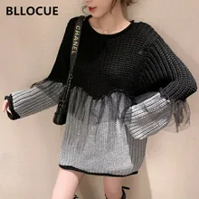 Blulocae Женский пуловер с длинным рукавом, модный свитер с вышивкой в сетку,, женские осенние зимние контрастные вязаные топы