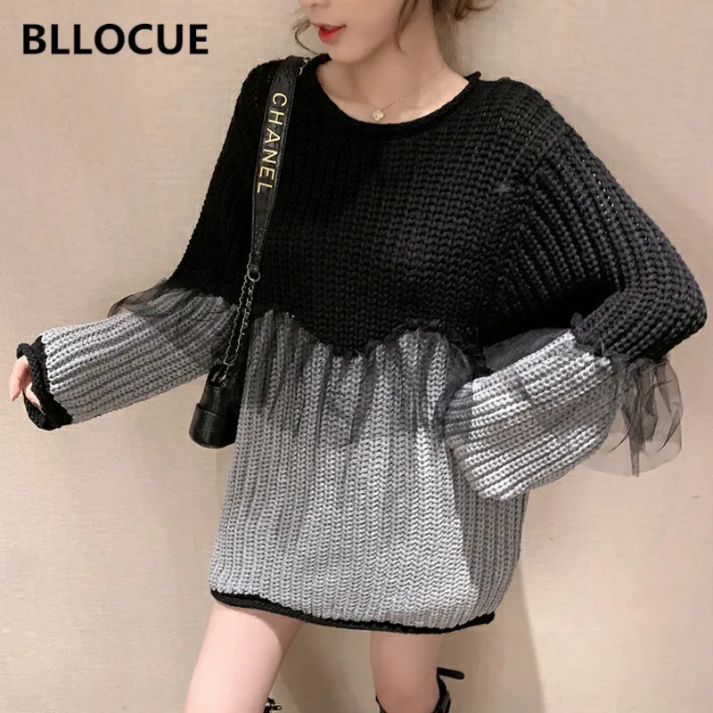 BLLOCUE Women Long sleeve Pullover fashion mesh stitching Sweaters 2019 Autumn Winter Contrast Knitted Tops | Женская одежда