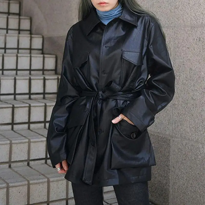 black Корейская куртка с длинным рукавом однобортное Женское пальто на шнуровке с высокой талией женские кожаные куртки осень L212 - Цвет: black