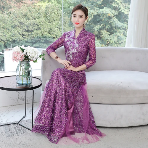 

Temperament Purple Long Dresses Woman Party Night Chinese Style Embroidery V-neck Sequined Women Summer Spring Dress 4xl Fashion