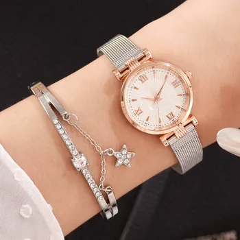 

Women Watches Fashion Silver Metal Band Watch With Bracelet Set Ladies Wristwatch Roman Gift Clock Relogio Feminino