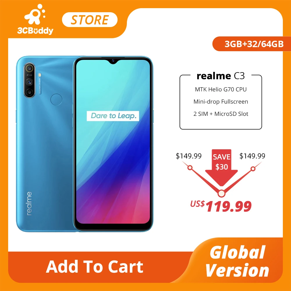 realme C3 Global Version 3GB RAM 32GB 64GB ROM Mobile Phone Helio G70 12MP AI Dual Camera 5000mAh Battery Mini-drop Fullscreen