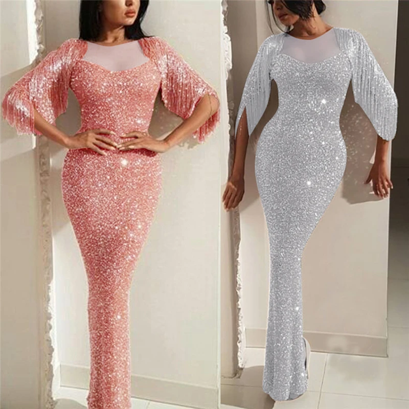 Elegant Ladies Long Fringe Bling Evening Party Fishtail Dress Short Sleeve Gowns Formal Reflective Dresses | Женская одежда