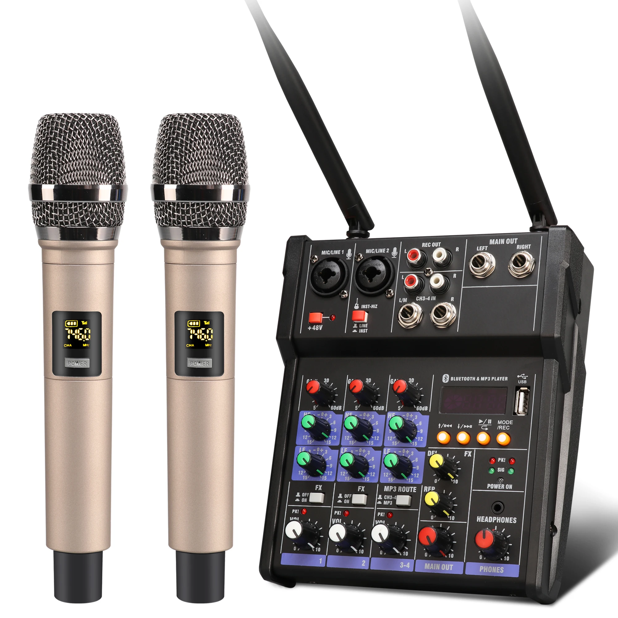 

4-канальный аудио микшер-консоль с беспроводным микрофоном, мини-DJ Bluetooth-микшер с 48 В фантомным питанием R20
