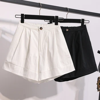 

Black,White Summer Shorts Large Size Korean Women High Waist Straight Loose Cotton Shorts Plus Size S-5XL
