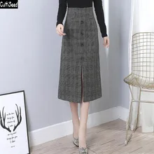 Cultiseed Осень Зима шерстяные клетчатые юбки женские Модные Винтажные Облегающие юбки женские офисные длинные юбки с разрезом