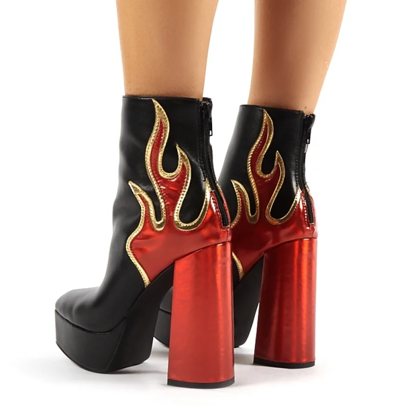 Демисезонный Женские ботильоны ботинки на платформе Резиновая подошва горит черный пламени из PU искусственной кожи, женская обувь на высоком каблуке; удобные
