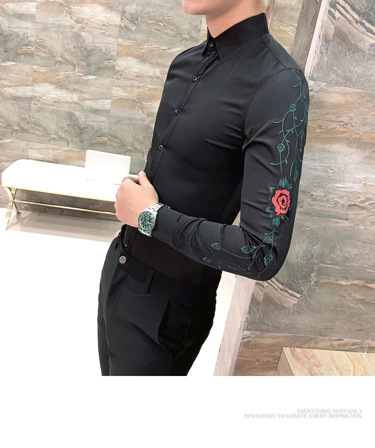 Рубашка с цветочной вышивкой, рубашка Camisa hombre, одежда для мужчин, Клубные вечерние свадебные рубашки, Мужская сорочка Homme Camisa Masculina, мужская рубашка с длинными рукавами