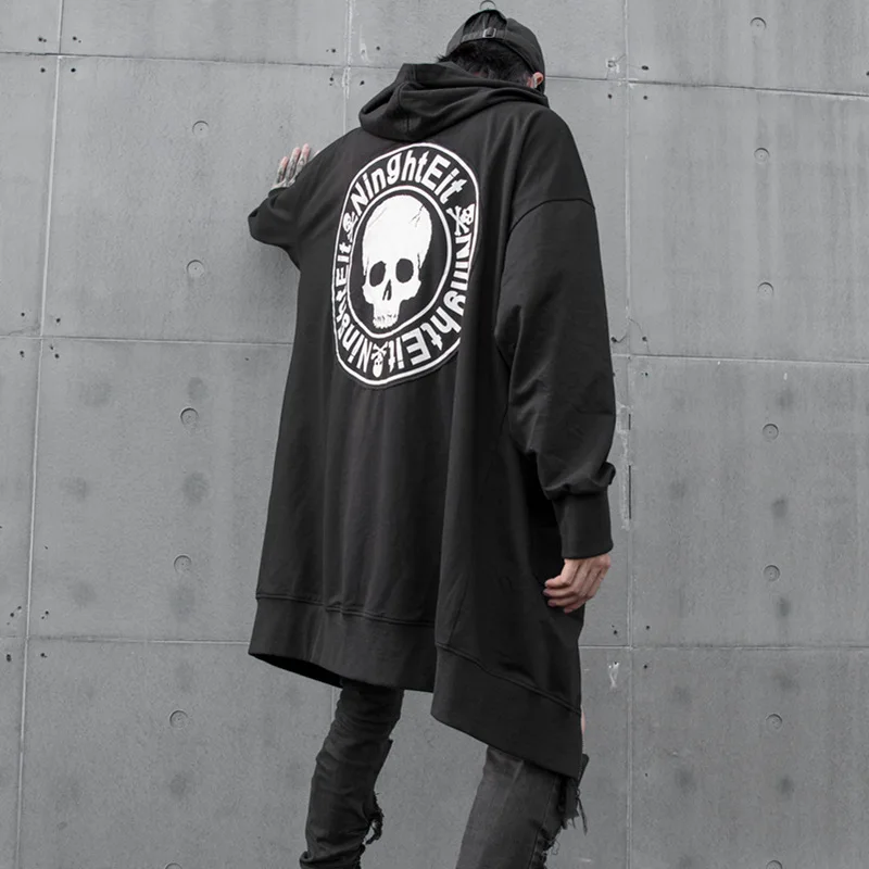 

Men Autumn New Zipper Long Hooded Sweatshirt Coat Skull Cardigan Male Streetwear Hip Hop Punk Gothic Hoodie Jacket Outerwear