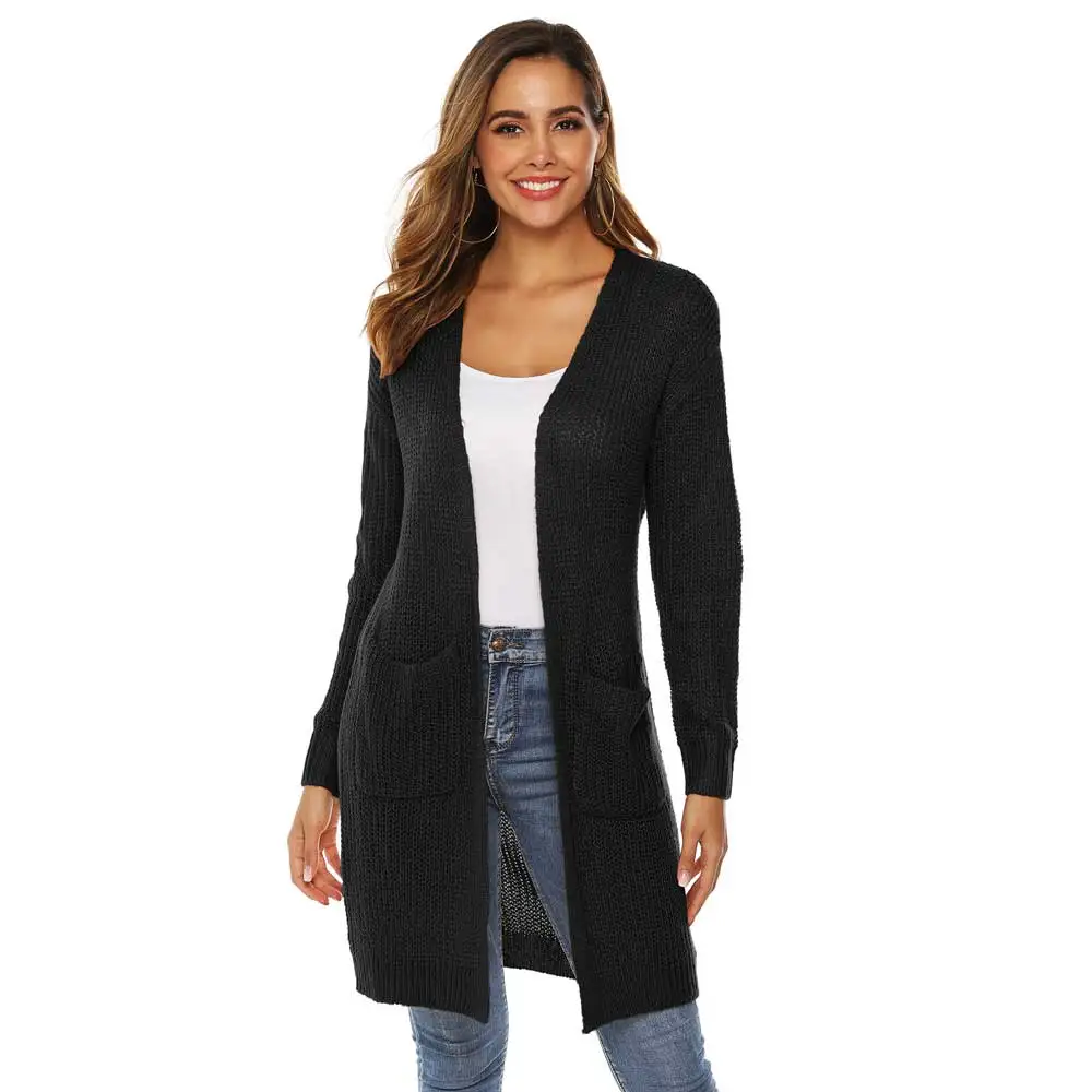 

Autumn Winter Long Sleeve Knitwear Cardigan Women Smooth Knitted Sweater Pocket Design Cardigan Female Long Coat