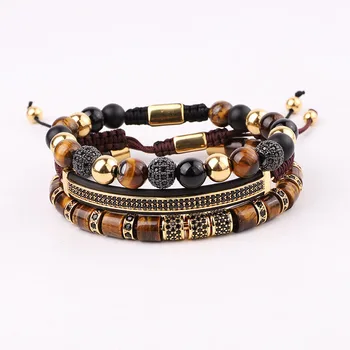 High Quality Men Jewelry Gold Stainless Steel Bangle Natural Stone Beaded Macrame Bracelet Set