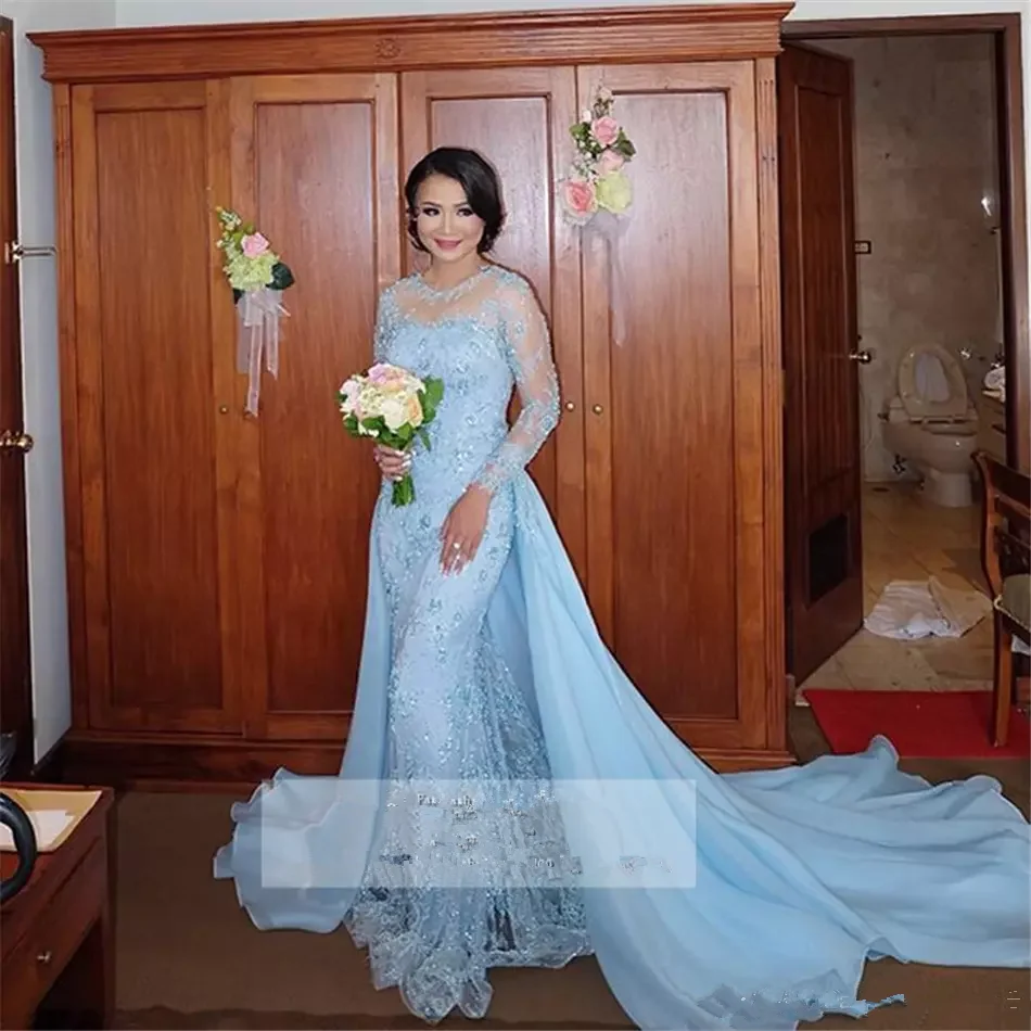 

Crockoonboo Light Blue Long Sleeves Mermaid Evening Dresses Lace Formal Prom Party Gowns With Detachable Train Custom Dubai