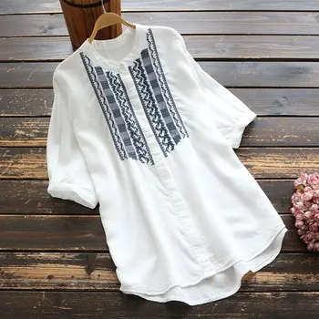 

KNOYEER 2020 lady embroidery elegant shirts cotton button blouses O-neck summer BOHO blouse half sleeve loose shirt women tops