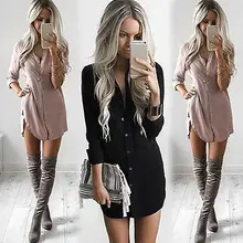

Ladies Sexy Shirt Dress Long sleeve Solid Color Loose Button Closure Side Slit Fashionable and Breathable Blouse