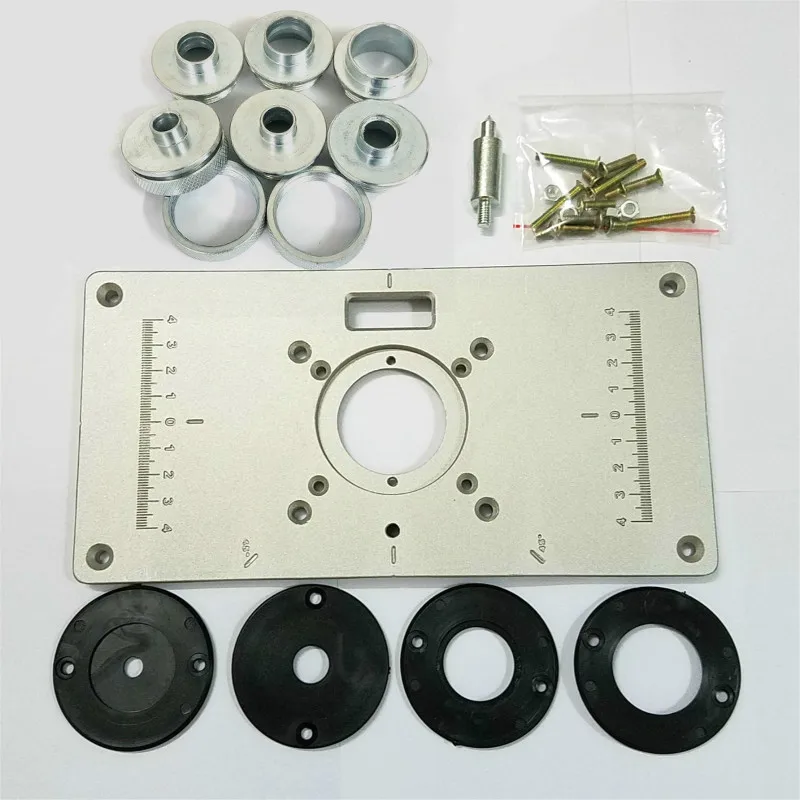 

1pc/set 700C Aluminum Plate 4Pcs Insert Rings Wood Router Table w/ 6pcs Profiling axle sleeve For Woodworking Trimmers Routers