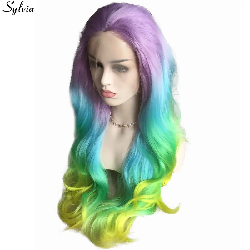 Sylvia Colorful Drag Queen Long Wavy Hair Bright Orange Yellow Blue Green Purple Warm Color Synthetic Lace Front Wigs for Women