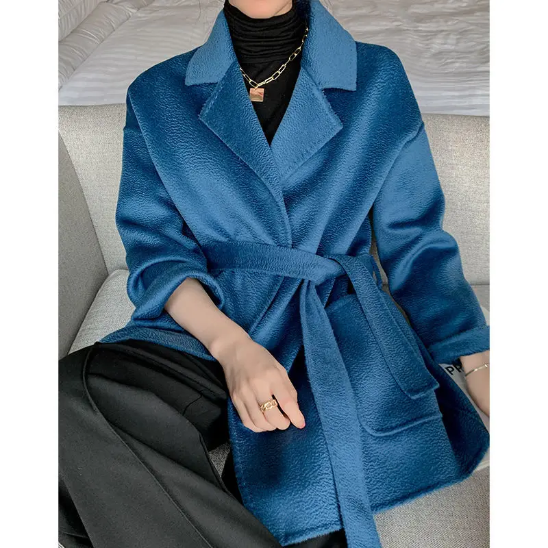 

New autumn winter new water ripple double-faced cashmere coat ladies thickening plus long lace woolen woolen coat Plus Size