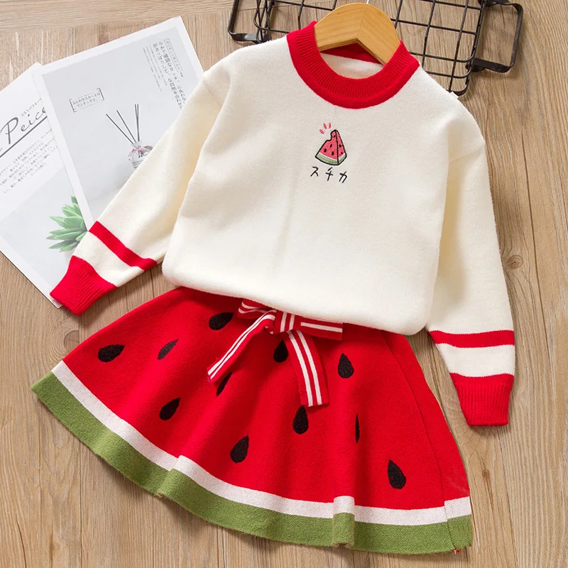 Нарядное платье для девочек зимние детские платья для девочек трикотажная детская одежда с длинными рукавами милое платье с рисунком фруктов, детское платье с рисунком арбуза, 2 предмета