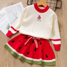 Нарядное платье для девочек зимние детские платья для девочек трикотажная детская одежда с длинными рукавами милое платье с рисунком фруктов, детское платье с рисунком арбуза, 2 предмета