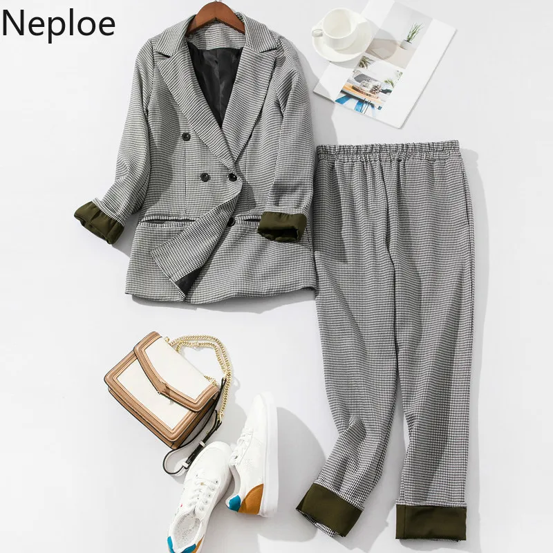 Neploe офисный стиль Блейзер Женский комплект из двух предметов в западном стиле с отложным воротником клетчатый костюм штаны с завышенной талией Осень Зима 46223