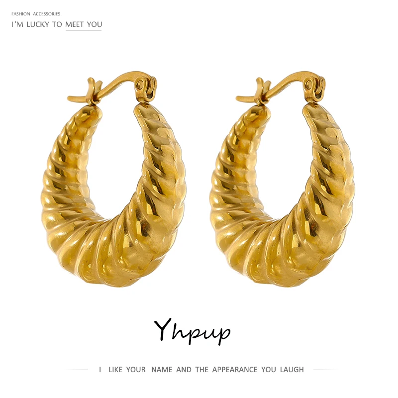 Yhpup Charm Stainless Steel Croissant Hoop Earrings Fashion Metal 18 K Round for Women Summer Trendy Jewelry Gift Accessories