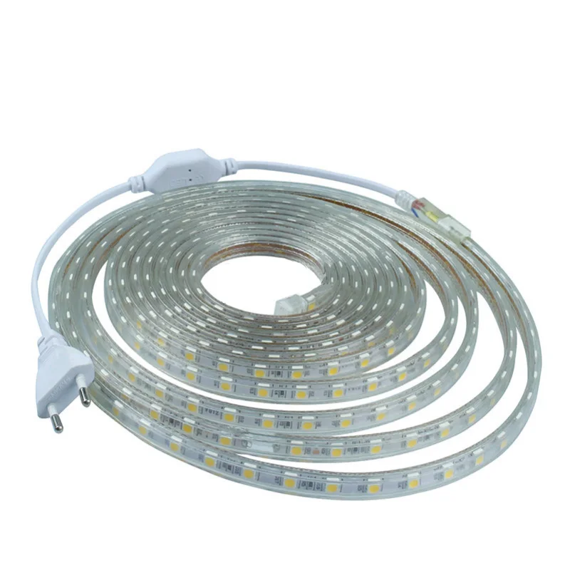 buy AC 220V Silicone Tube Waterproof 5050 SMD LED Strip light Tape 1M 2M 3M 4M 5M 6M 7M 8M 9M 10M 15M 20M 60LEDs M + EU Power Plug