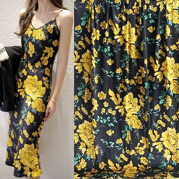 

100x145cm Fashion Week Yellow Peony Printed Imitated Silk Satin Fabric For Woman Blouse Dress Pajamas Tela En tissu Sewing DIY
