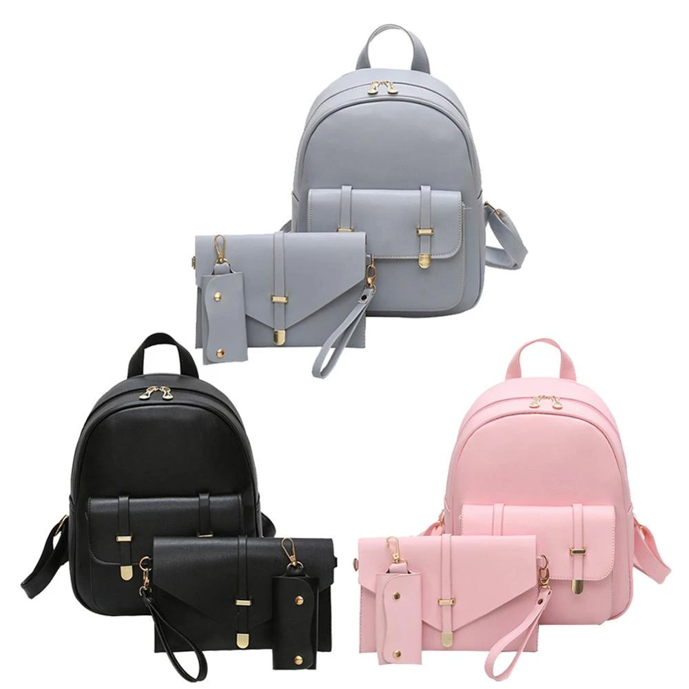 Conjunto de 3 unids/set de mochila de piel sintética para mujer, bolso escolar de Color sólido para chicas adolescentes, bolso para Libros con bolsos de viaje diarios para mujer|Mochilas| -