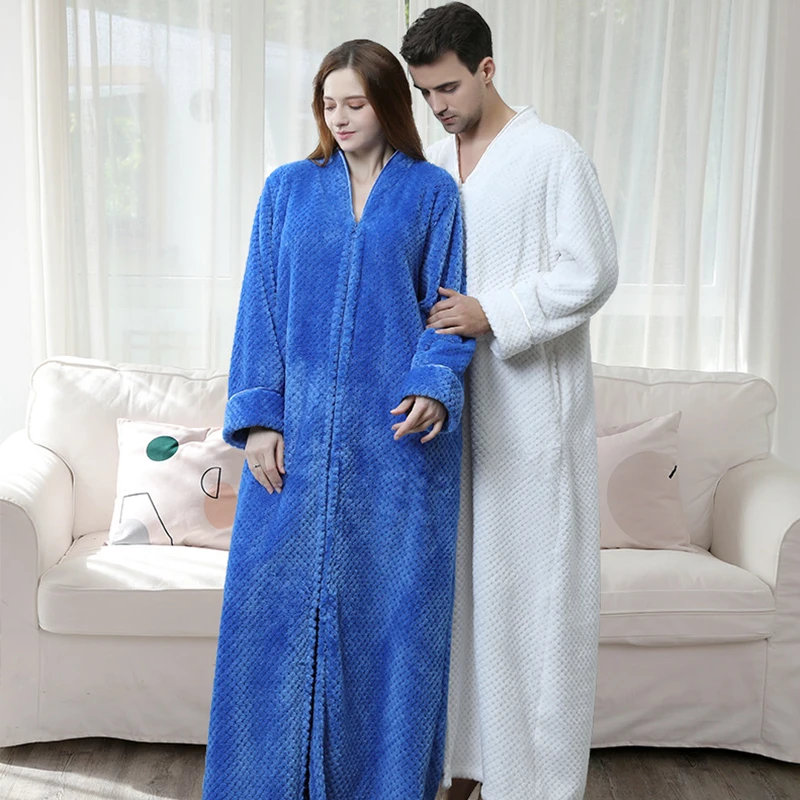 Aolamegs Men sleepwear Flannel Bathrobe Soft Long Open Zipper Sleepwear Cozy Warm Advanced Night Gown Baggy Couple Pajama Winter