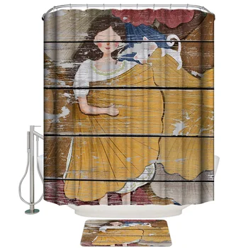 

Wood Grain Autumn Ginkgo Leaf Lazy Girl Kitten Shower Curtain with Hooks Doormat Bath Floor Mat Waterproof Polyester