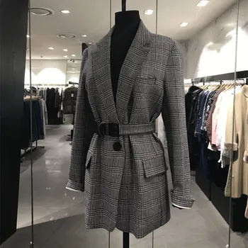 

Autumn Retro Single-Breasted Suit Coat Plaid Blazer Casual Women Loose Turn-Down Collar Belt Pockets Lattice Long Outwear