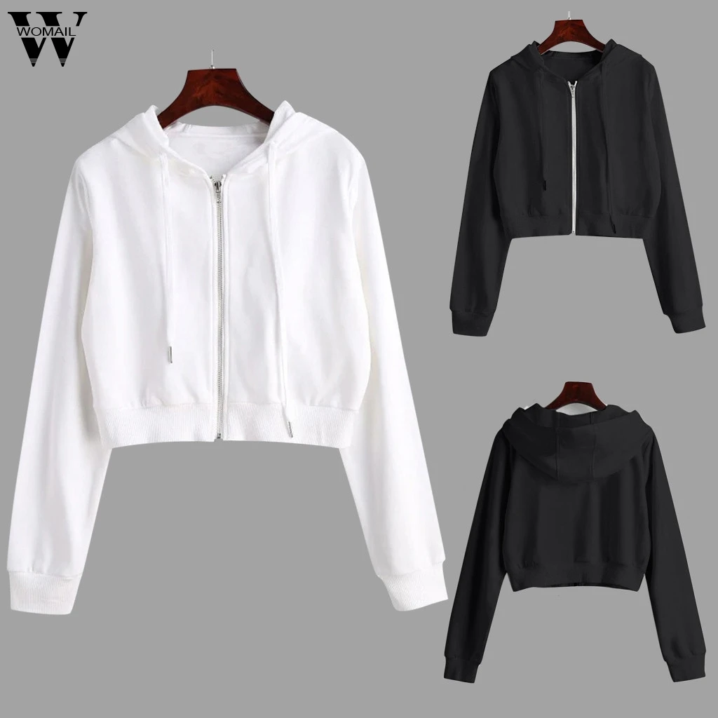 

Women Autumn Spring Tops Drawstring Hooded Long Sleeve Hoodie Sweatshirts Pocket Zip Up Crop Casual Jacket Zipper Coat Outwear