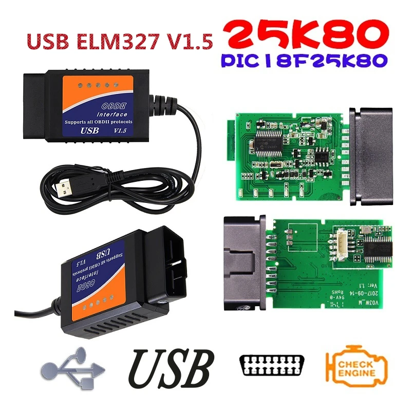ELM 327 1,5 Мини OBD2 USB V1.5 сканер elm327 pic18f25k80 для мульти-брендов CAN-BUS USB считыватель кодов диагностический кабель аксессуары