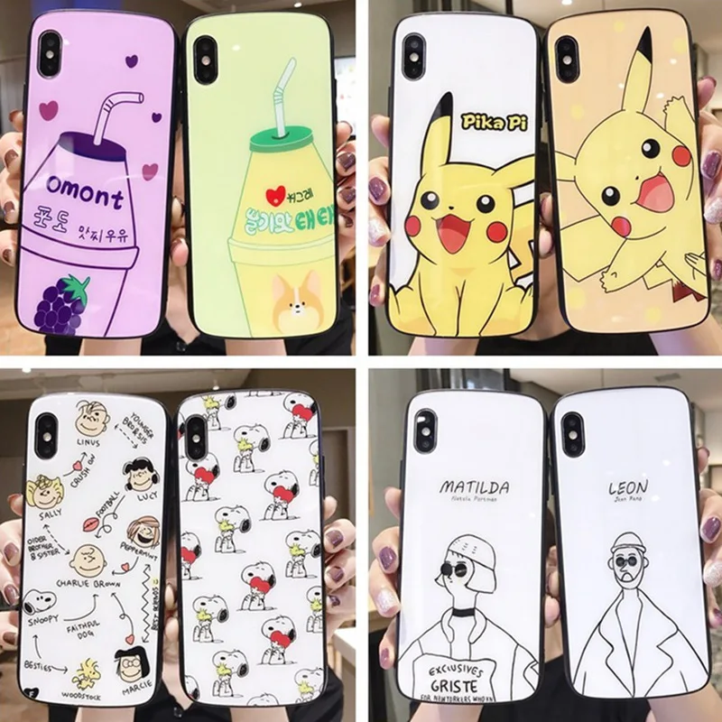 

Creative curved oval phone case for iPhone11 X XS XR XSMax 8 7 6 6S PluS cartoon tempered glass drop protection cover