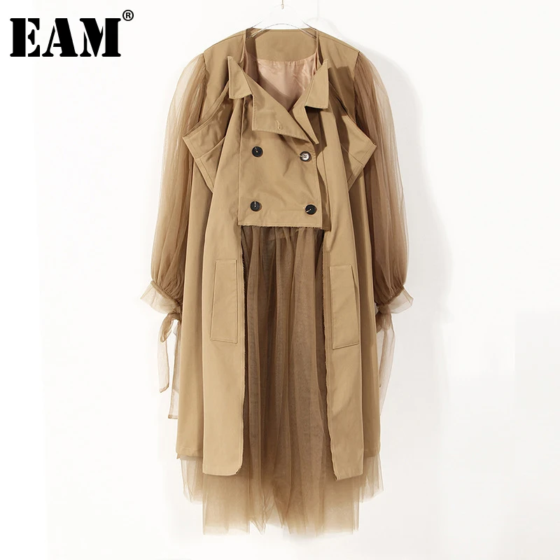 [EAM] Женский Тренч цвета хаки с асимметричным поясом большой размер Новая