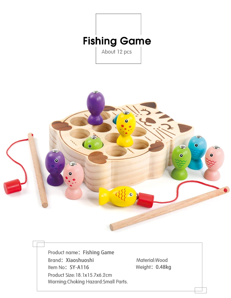 Children Education 13Pcs Wooden Magnetic Fishing Game Jigsaw Puzzle Cute Cat Early New Toys | DaniGa