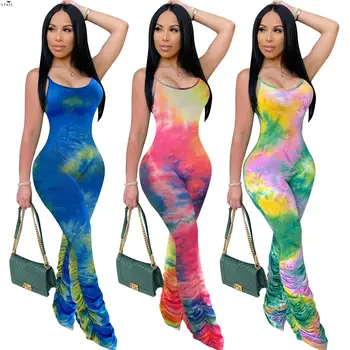 

2020 Summer Women Jumpsuits Rompers Sleeveless Strap Tie-dye Print Draped Sexy Night Clubwear Party Bandage One Piece Outfits