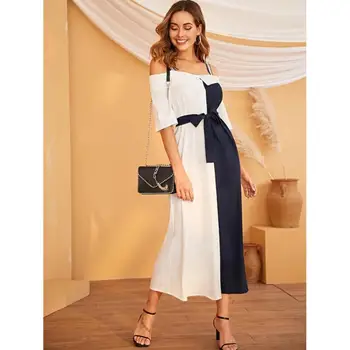 

New ladies strap adjustable blue patch white shirt belt button long dress women dress party dress bandage dress