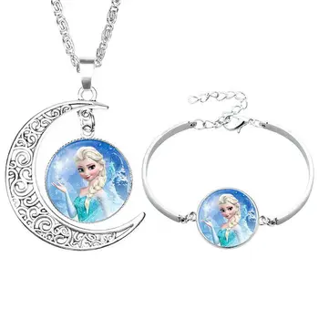 

New Arrival Cartoon Snow Queen Elsa Princess Movie Silver Moon Necklace Glass Cabochon Earrings Bracelets Necklace Jewelry Sets