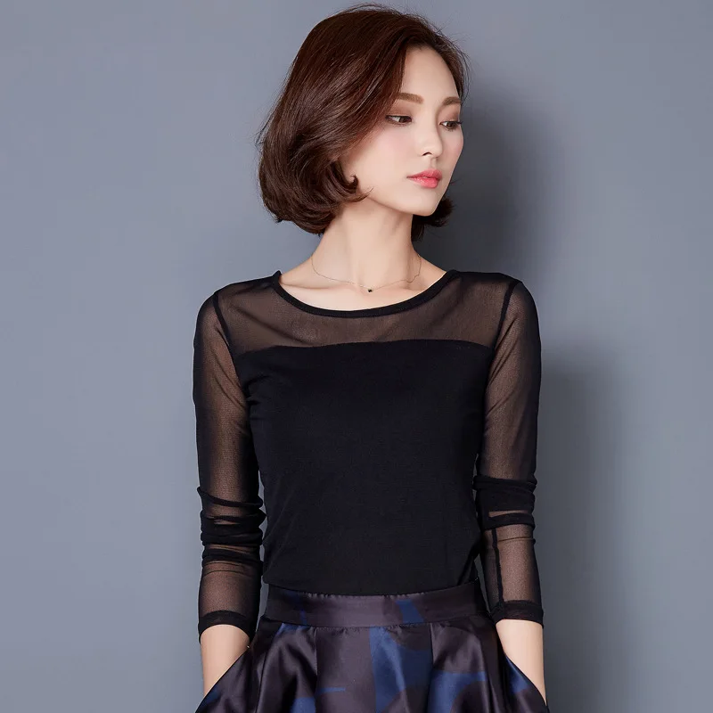 

Women Long Sleeve Thin Mesh Base Shirt 2020Spring Autumn New Simple Crew Neck Slim Fit Large Size Gauze Sexy T-Shirt Lace Shirt