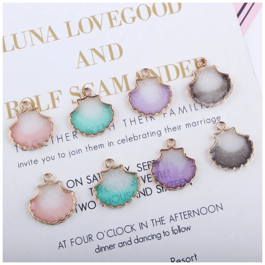 

10pcs Oil-drip Zinc Alloy Double-sided Pearlescent Shell Necklace Pendant, Multicolor Scallop 16*17mm for Jewelry Strap Material