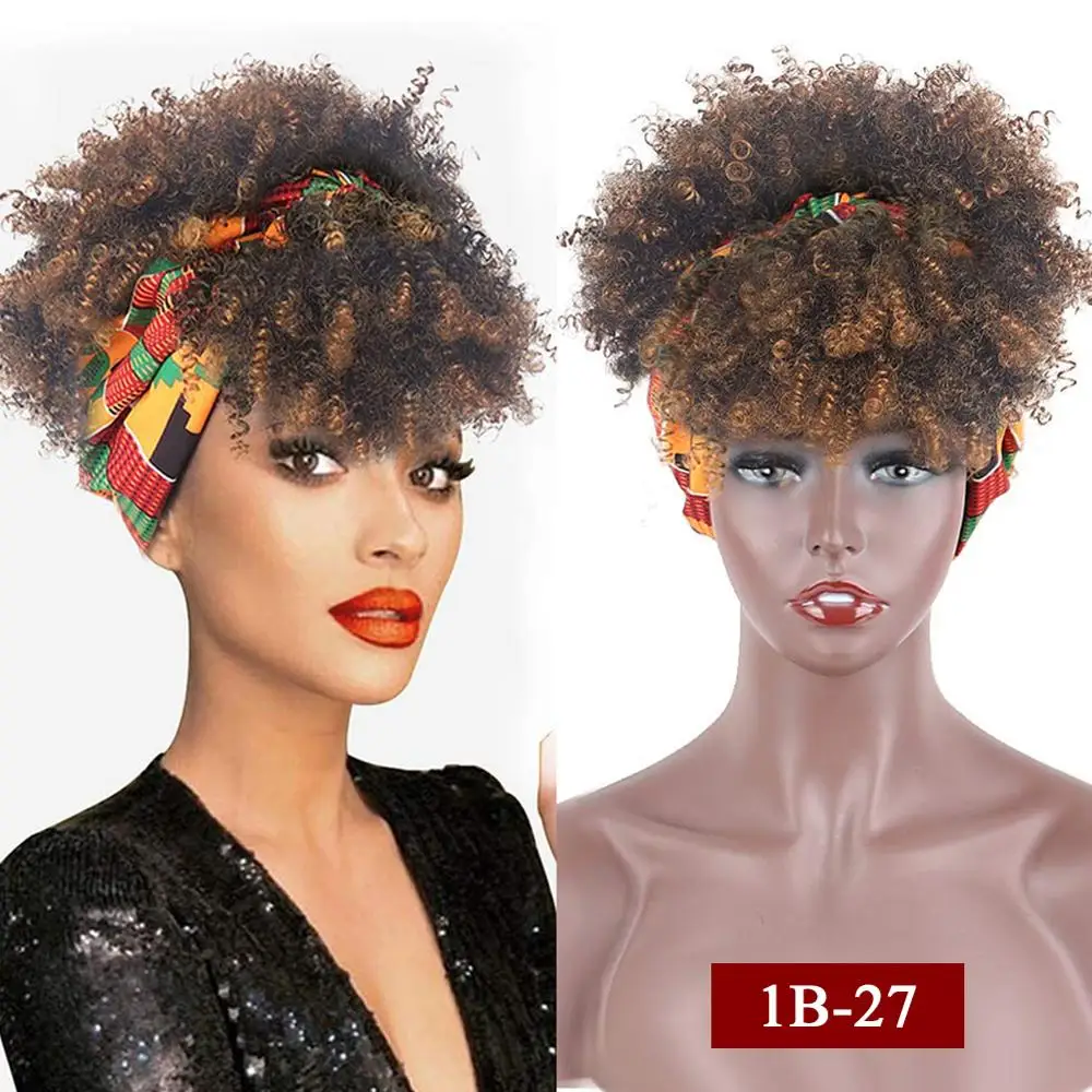Peluca sintética rizada corta con flequillo, turbante envolvente, 2 en 1, bandana Afro acolchada, moño con cordón para la cabeza
