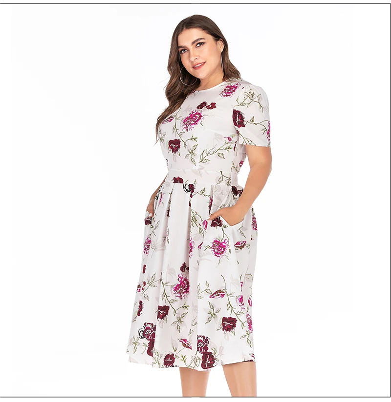S.FLAVOR Fashion Printing Dress Vintage Style Women O-neck Short Sleeve A-line Dress Slim Retro Midi Dresses Plus Size