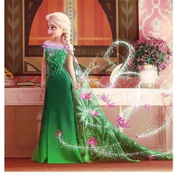 

Anime Frozen 2 Snow Queen elsa princess cosplay green fresh flowers clothing cape outfit halloween makeup party kids costumes