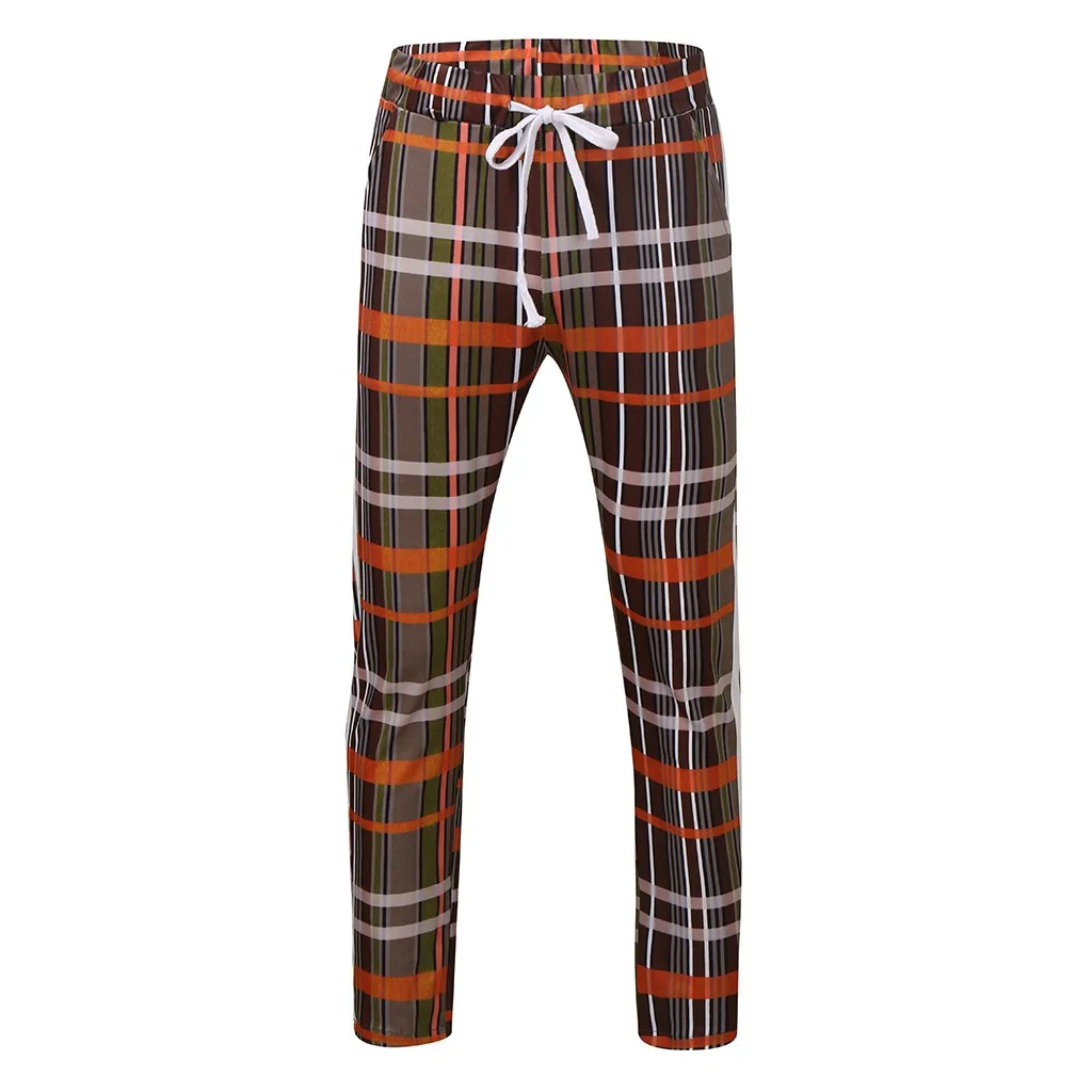 Мужские брюки в клетку повседневные клетчатые с завязками эластичной резинкой