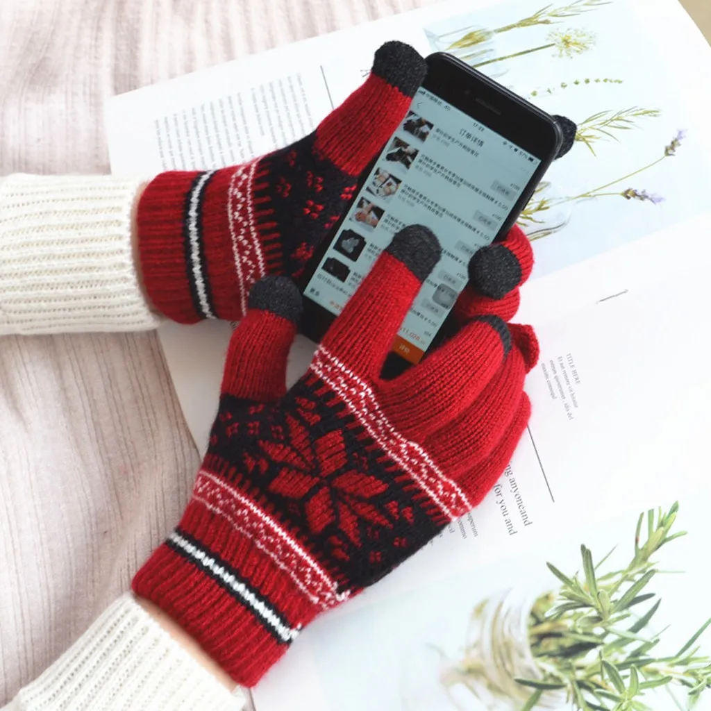 Шерстяного трикотажа Для женщин девушки зимние перчатки для сенсорного экрана Снежинка Утепленная одежда Варежки перчатки Рождество Новое поступление на год подарок женский перчатки рукавицы